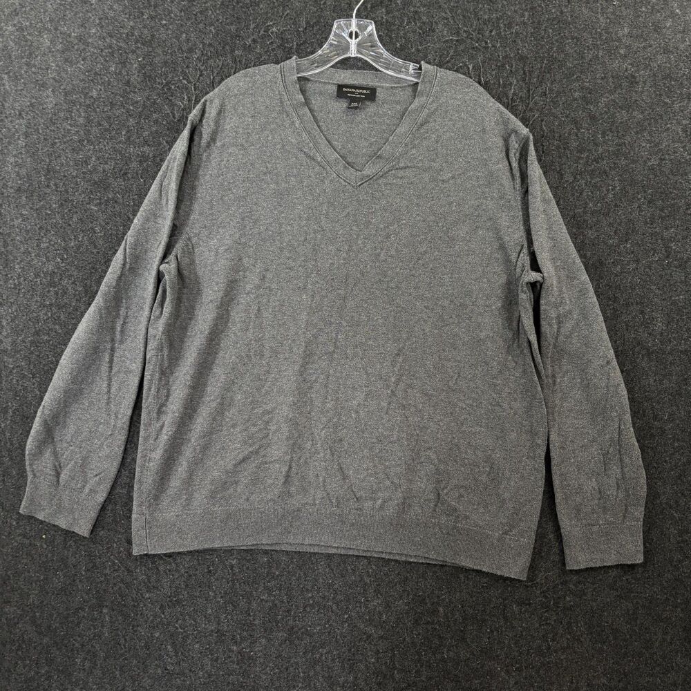 Banana Republic Sweater Men's XXL Gray V Neck Cotton Silk Cashmere Pullover